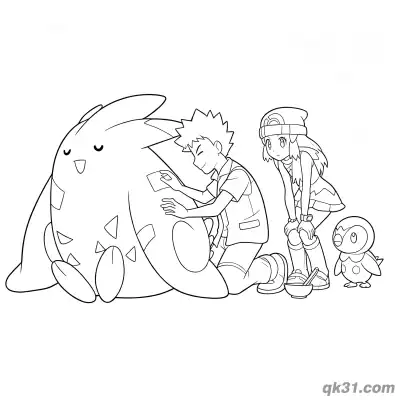 Free printable Togekiss Resting Scene with Brock and Dawn Coloring Page coloring page
