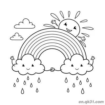 Free printable Cartoon Rainbow with Rain Clouds Coloring Page coloring page