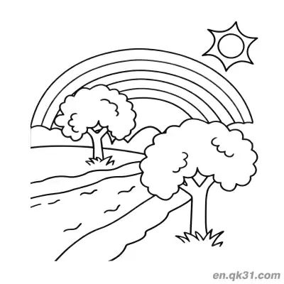 Free printable Forest Field Rainbow and Sun Coloring Page coloring page