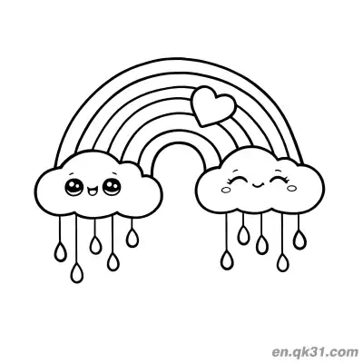 Free printable Kawaii Rainbow with Rain Clouds Coloring Page coloring page