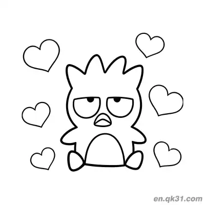 Free printable Badtz-Maru Surrounded by Hearts with Unimpressed Look Coloring Page coloring page