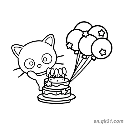 Free printable Chococat Celebrating Birthday with Cake and Balloons Coloring Page coloring page