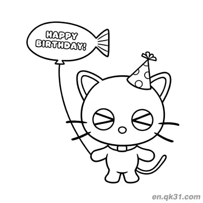 Free printable Chococat with Party Hat Holding Happy Birthday Balloon Coloring Page coloring page