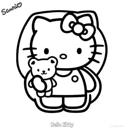 Free printable Hello Kitty Holding Teddy Bear Standing Coloring Page coloring page