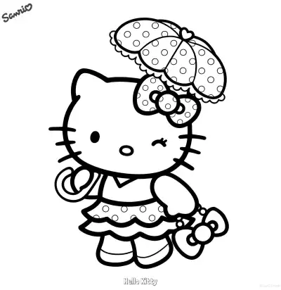 Free printable Hello Kitty with Polka Dot Umbrella Coloring Page coloring page