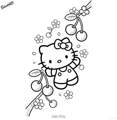 Free printable Hello Kitty with Cherry Blossom Branch Coloring Page coloring page