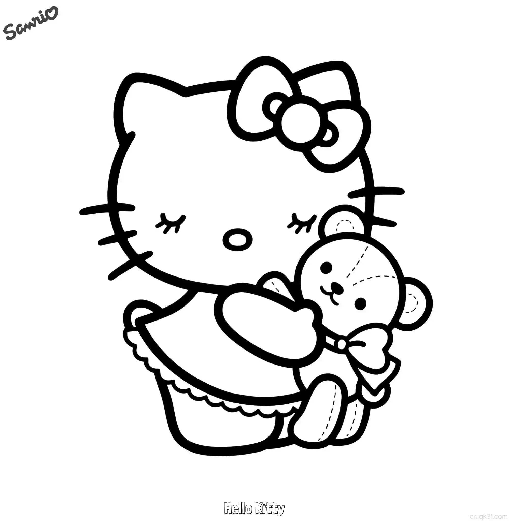 Hello Kitty Hugging Teddy Bear Sleeping Coloring Page – Free Printable Coloring Page for Kids and Adults