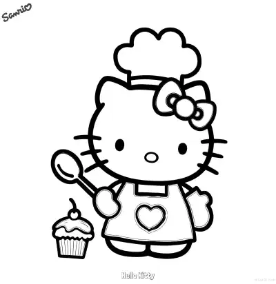 Free printable Hello Kitty Chef with Cupcake Coloring Page coloring page