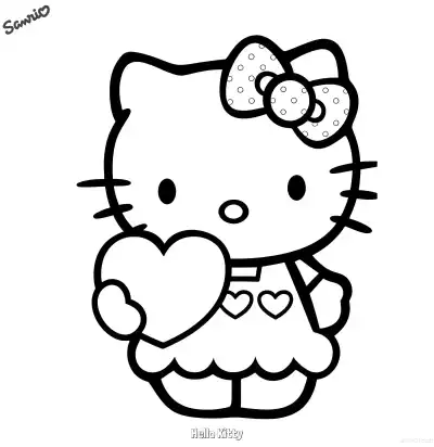 Free printable Hello Kitty Holding Heart with Polka Dot Dress Coloring Page coloring page