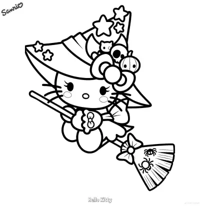 Free printable Hello Kitty Witch on Broom Coloring Page coloring page