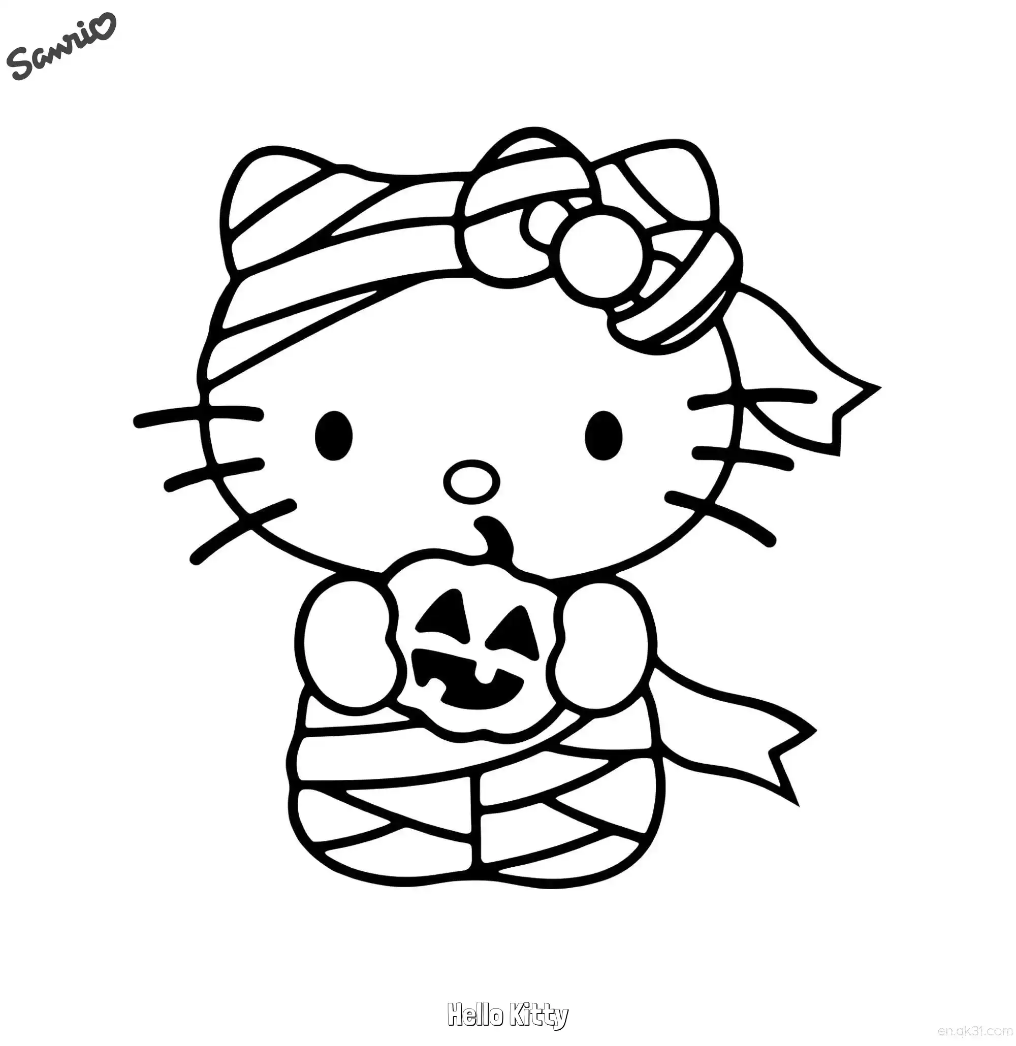 Hello Kitty Mummy with Pumpkin Coloring Page – Free Printable Coloring Page for Kids and Adults