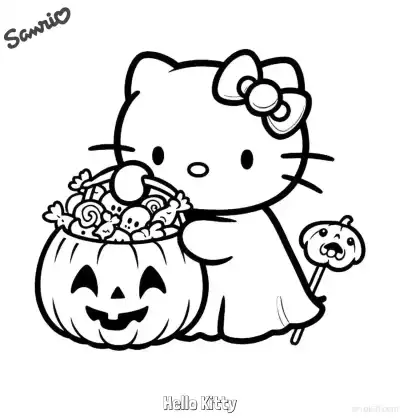 Free printable Hello Kitty Pumpkin Bucket of Candy Coloring Page coloring page