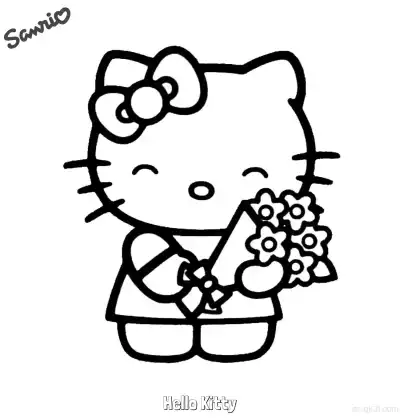 Free printable Hello Kitty Smelling Flowers Coloring Page coloring page