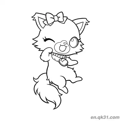 Free printable Jewelpet Fox Winking with Bow and Heart Necklace Coloring Page coloring page