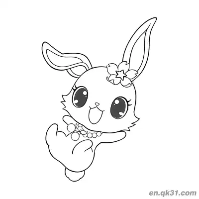 Free printable Jewelpet Playful Bunny Waving with Cherry Blossom Hair Accessory and Pearl Necklace Coloring Page coloring page