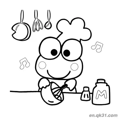 Free printable Keroppi as Chef Baking in Kitchen Coloring Page coloring page