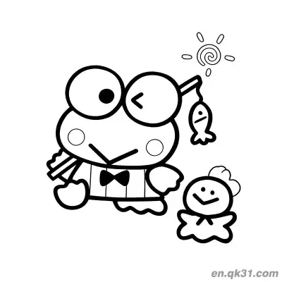 Free printable Keroppi Fishing with Caught Fish Coloring Page coloring page
