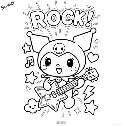 Free printable Kuromi Rock Star Guitar Coloring Page coloring page