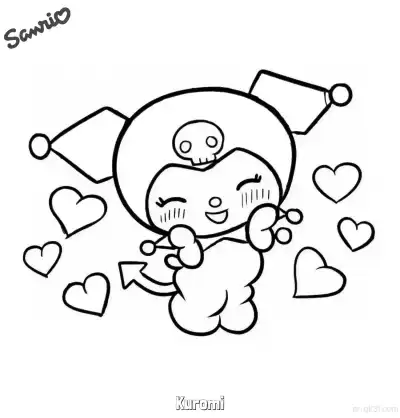 Free printable Kuromi Surrounded by Hearts Coloring Page coloring page