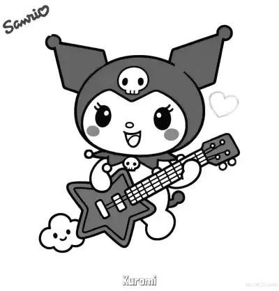 Free printable Kuromi Playing Electric Guitar Coloring Page coloring page