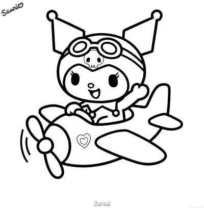 Free printable Kuromi Flying Airplane Coloring Page coloring page