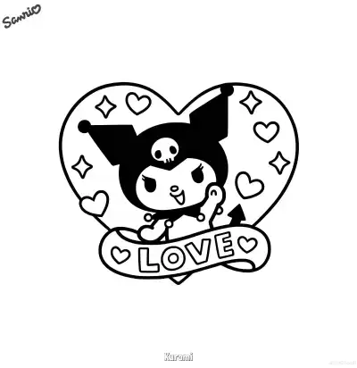 Free printable Kuromi with LOVE Banner Coloring Page coloring page
