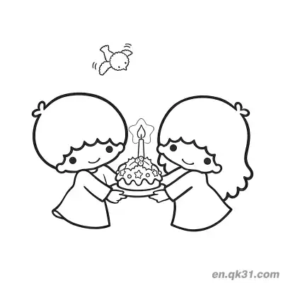Free printable Little Twin Stars Holding Decorated Cake Together with Little Bird Coloring Page coloring page