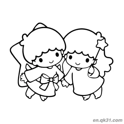 Free printable Little Twin Stars Holding Hands Kiki in Bow Dress Lala with Star Wand Coloring Page coloring page