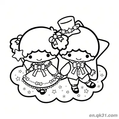 Free printable Little Twin Stars in Fancy Party Outfits on Starry Cloud Coloring Page coloring page