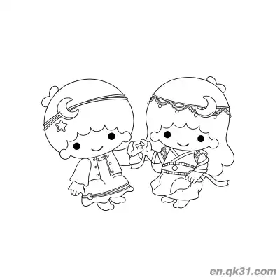 Free printable Little Twin Stars in Moon Star Themed Outfits Holding Hands Coloring Page coloring page