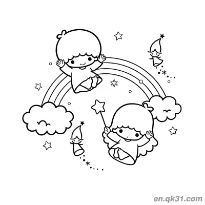 Free printable Little Twin Stars on Rainbow and Clouds with Little Elves Coloring Page coloring page