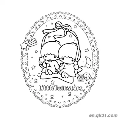 Free printable Little Twin Stars on Star Inside Oval Lace Frame with House and Moon Background Coloring Page coloring page