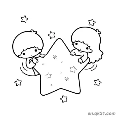 Free printable Little Twin Stars Pushing Big Star Together Surrounded by Small Stars Coloring Page coloring page