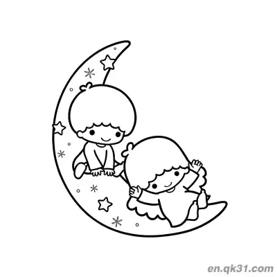Free printable Little Twin Stars Sitting on Crescent Moon with Stars Coloring Page coloring page