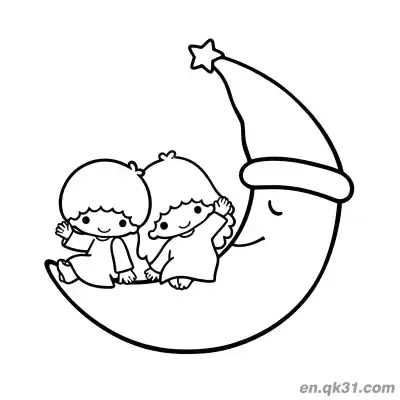 Free printable Little Twin Stars Sitting on Sleepy Moon Waving Coloring Page coloring page