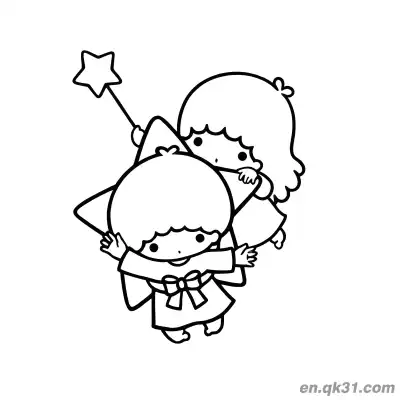 Free printable Little Twin Stars Kiki Holding Big Star Lala Behind with Star Wand Flying Coloring Page coloring page