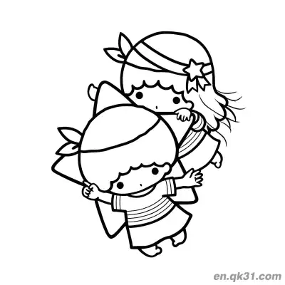 Free printable Little Twin Stars Kiki Holding Big Star with Lala Behind in Striped Outfits Flying Coloring Page coloring page