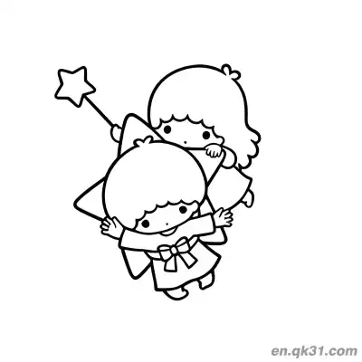 Free printable Little Twin Stars Kiki Holding Big Star with Lala Behind with Wand Coloring Page coloring page