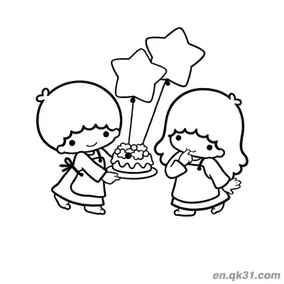 Free printable Little Twin Stars Kiki Holding Cake with Lala Surprised Covering Mouth Star Balloons Coloring Page coloring page