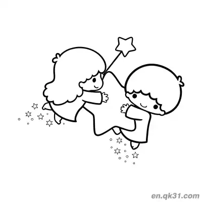 Free printable Little Twin Stars Lala and Kiki Flying While Holding Big Star with Lala Holding Star Wand Coloring Page coloring page