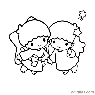 Free printable Little Twin Stars Lala and Kiki Holding Hands with Star Wand Coloring Page coloring page