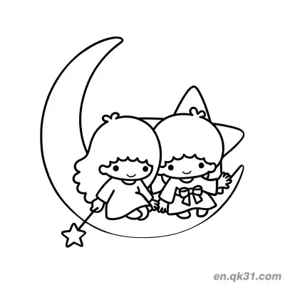 Free printable Little Twin Stars Lala and Kiki on Crescent Moon and Star with Lala Holding Wand Coloring Page coloring page