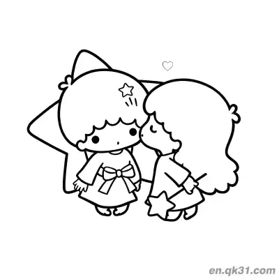 Free printable Little Twin Stars Lala Kissing Kiki on Cheek Surrounded by Hearts and Stars Coloring Page coloring page
