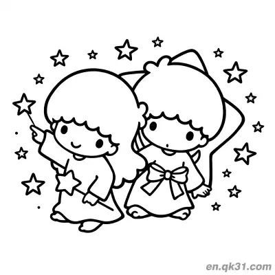 Free printable Little Twin Stars Lala Lighting Stars with Wand Kiki in Bow Dress Coloring Page coloring page