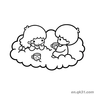 Free printable Little Twin Stars Lala Resting Chin on Hands Kiki Drinking Star Cup Drink on Cloud Coloring Page coloring page