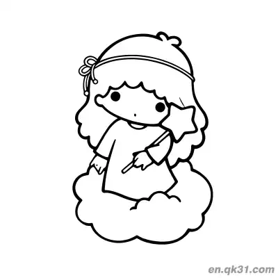 Free printable Little Twin Stars Lala with Bow Headband Sitting on Cloud Holding Star Wand Coloring Page coloring page