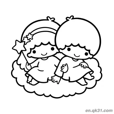 Free printable Little Twin Stars Lala with Star Wand Interacting with Kiki on Cloud Coloring Page coloring page