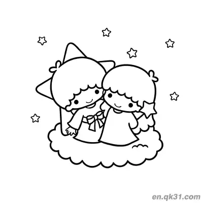 Free printable Little Twin Stars Sitting on Cloud Surrounded by Stars Coloring Page coloring page