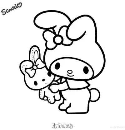 Free printable My Melody Hugging a Bunny Plush Coloring Page - Warm Kawaii Art coloring page