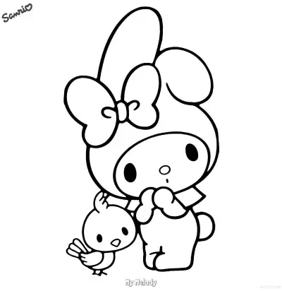 Free printable My Melody with a Little Chick Coloring Page - Adorable Farm Friends coloring page